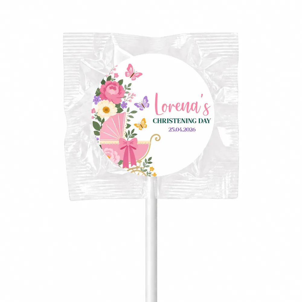 Pink floral butterfly pram lollipop favour with swirl lollipops finished and personalized for christening day