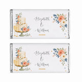 Personalised 40g chocolate bar with white wrapper featuring cake, champagne flutes, and peach cream blue flowers