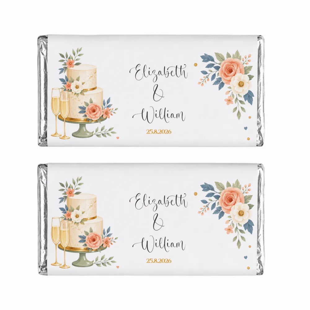 Personalised 40g chocolate bar with white wrapper featuring cake, champagne flutes, and peach cream blue flowers