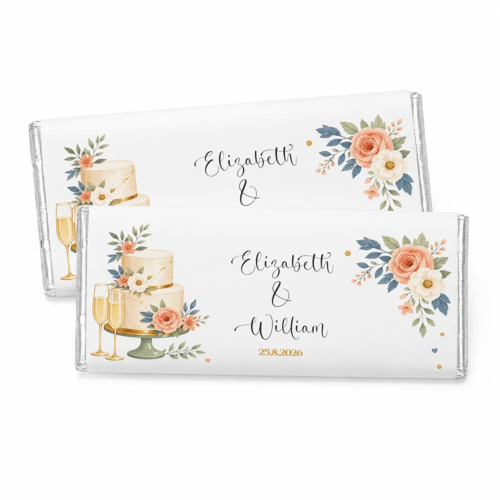 Personalised 40g chocolate bar with white wrapper and peach cream blue floral and cake illustrations for weddings