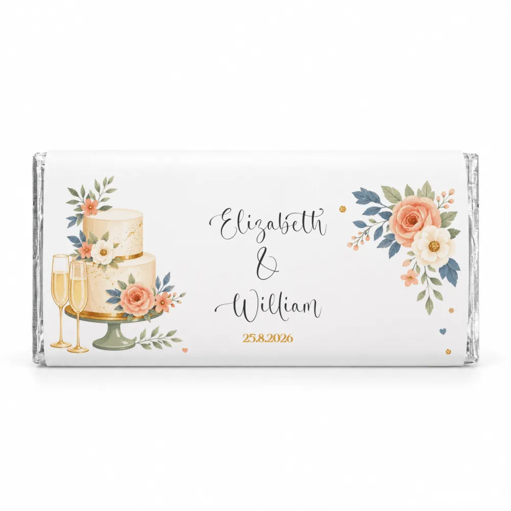 Personalised 40g chocolate bar with white chocolate and a watercolor wedding cake design for elizabeth and william