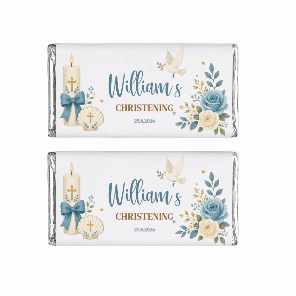 Two personalised 40g white chocolate bars wrapped in silver foil with blue and cream floral candle and shell design