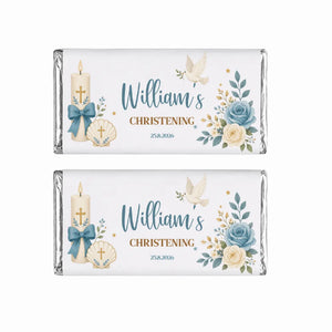 Two personalised 40g white chocolate bars wrapped in silver foil with blue and cream floral candle and shell design