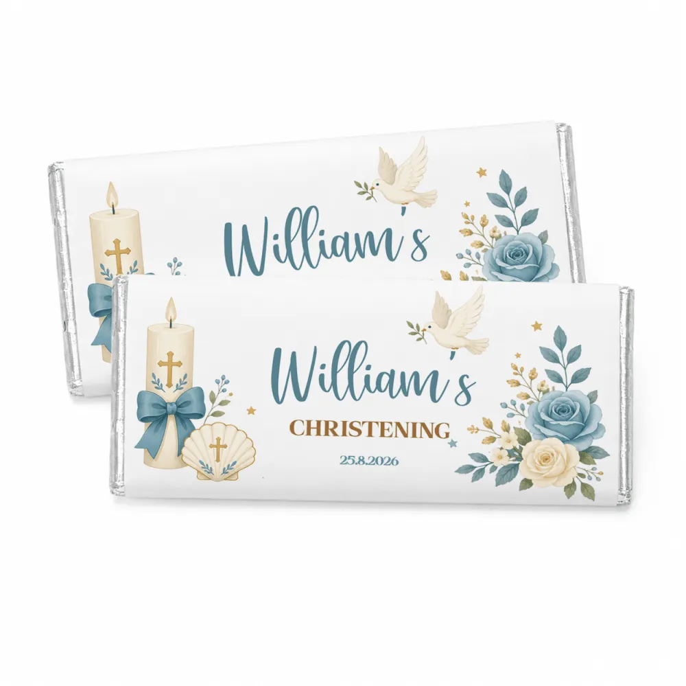 Personalised 40g white chocolate bar with blue and gold floral candle dove and shell design for christening