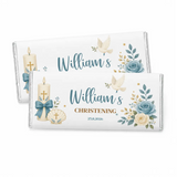 Personalised 40g white chocolate bar with blue and gold floral candle dove and shell design for christening