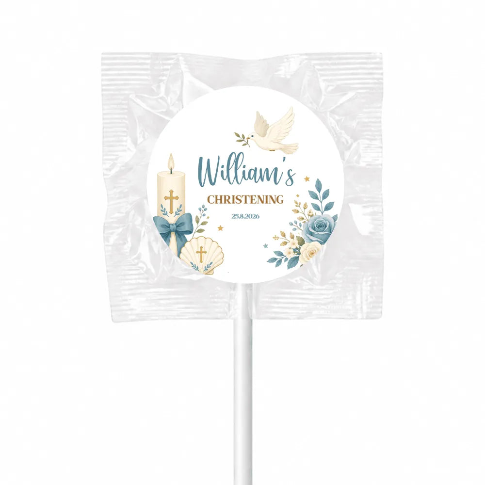 A personalized white christening lollipop favour wrapper with blue gold dove candle seashell and floral design