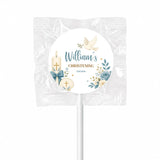 A personalized white christening lollipop favour wrapper with blue gold dove candle seashell and floral design