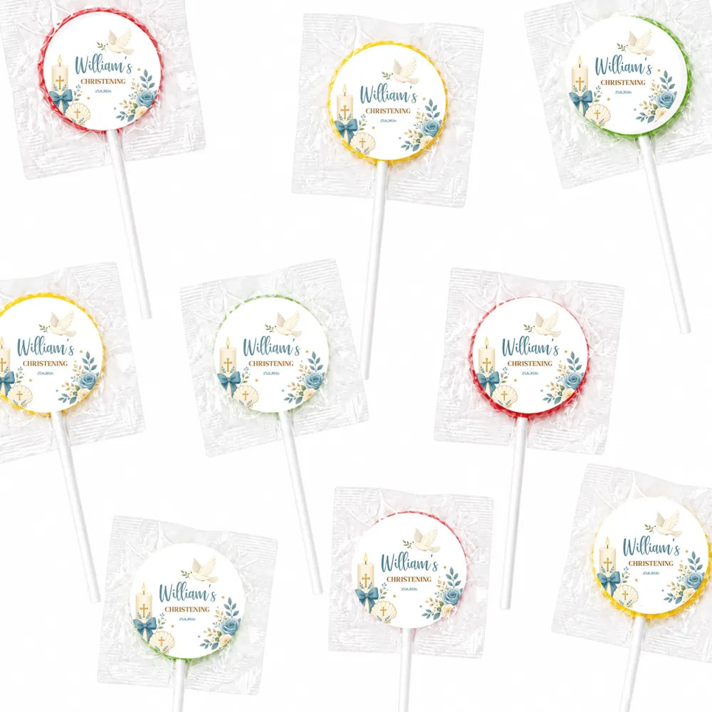 Personalized christening lollipop favours with white label, blue floral candle design, gold accents, wrapped in clear cellophane