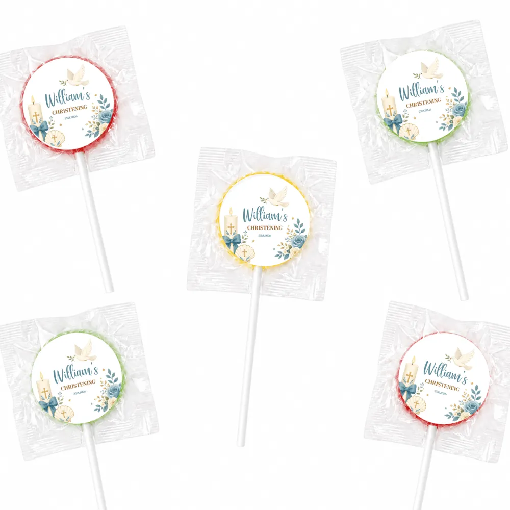 Personalized christening lollipop favours wrapped in clear cellophane with blue floral candle label for william’s christening