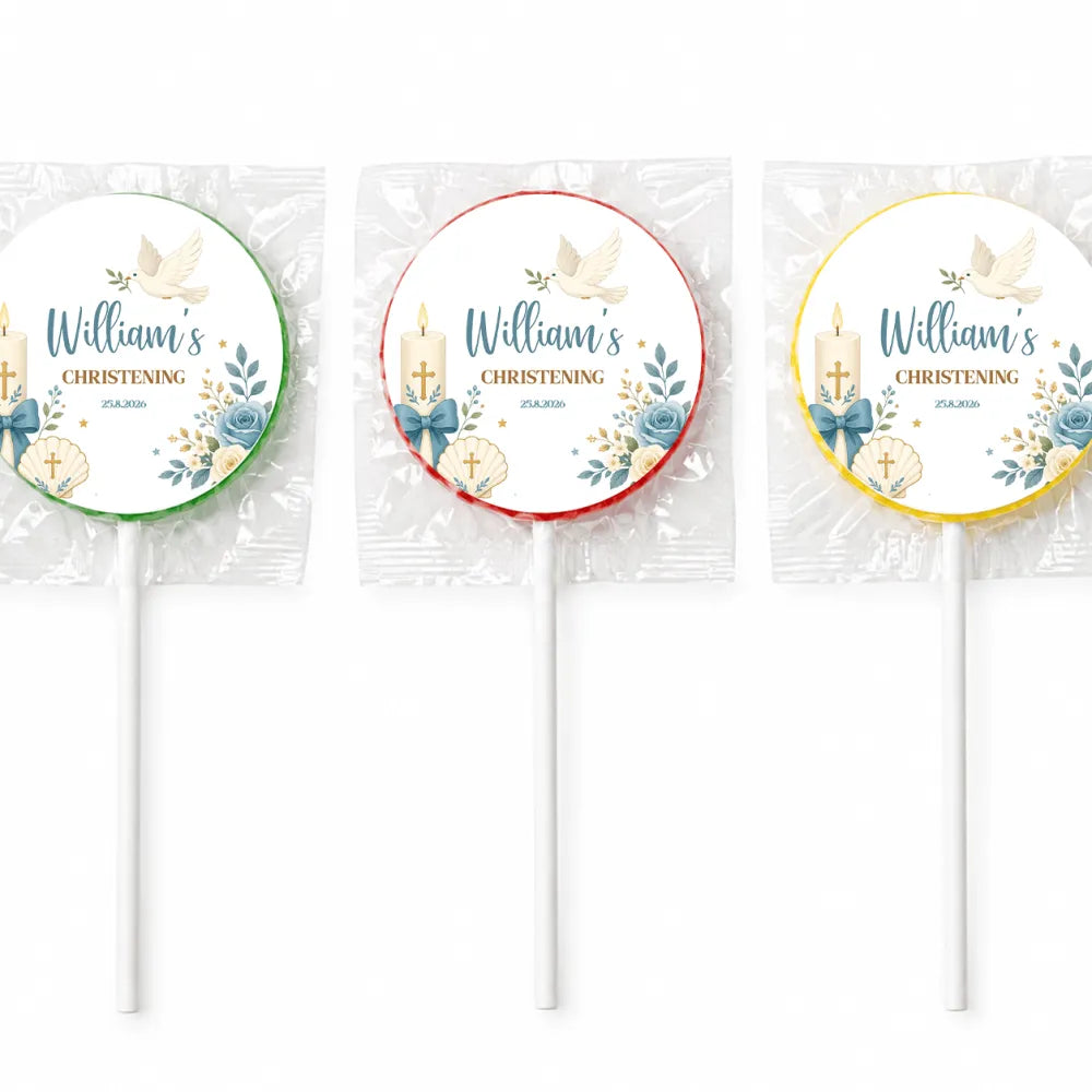 Three personalized round christening lollipop favours with blue floral design gold text and candle shell decorations wrapped in cellophane