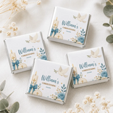 White chocolate boxes with blue and gold dove candle bow floral designs for candle and shell christening mini neapolitans loose wrapped