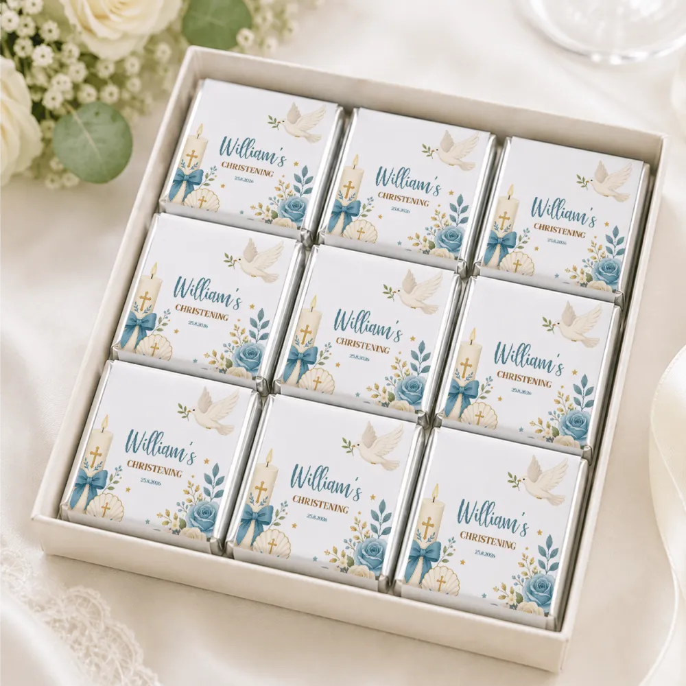 White chocolate squares with blue floral and dove designs personalized for williams christening loose wrapped mini neapolitans