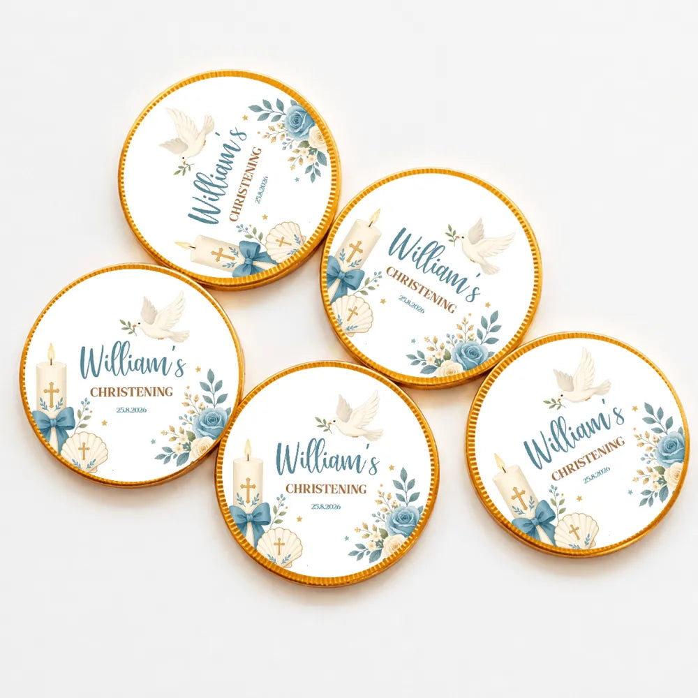 Round 40mm milk chocolate coins with gold edges and blue floral design personalized for williams christening