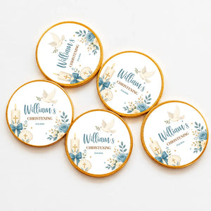 Round 40mm milk chocolate coins with gold edges and blue floral design personalized for williams christening