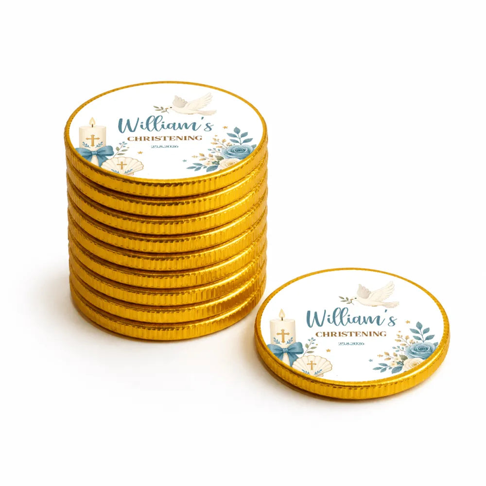 Golden 40mm milk chocolate coins with blue white gold dove candles floral design for williams christening