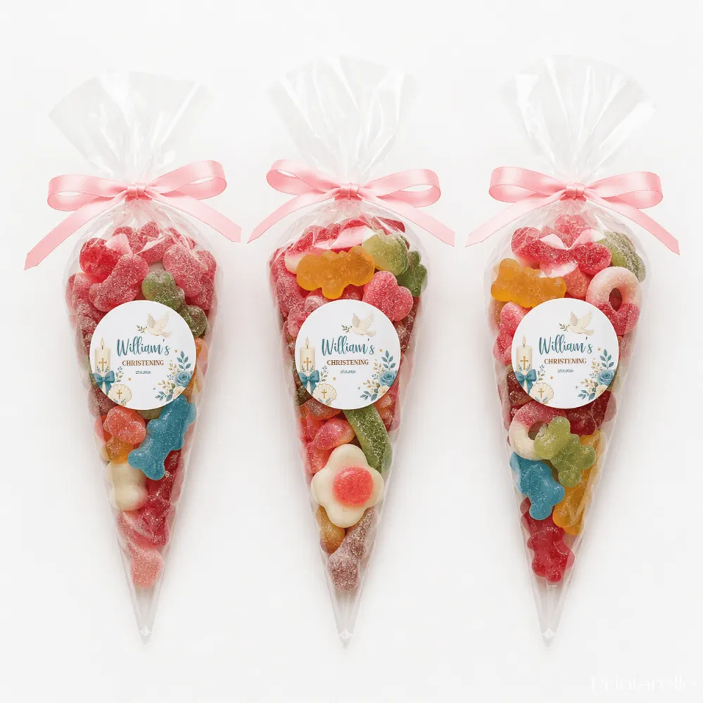 Three clear plastic sweet cones with shell design filled with colorful gummies tied with pink ribbon for christening sweet cones