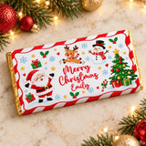 A festive personalised christmas chocolate bar wrapped in red and white candy cane foil with santa and holiday characters