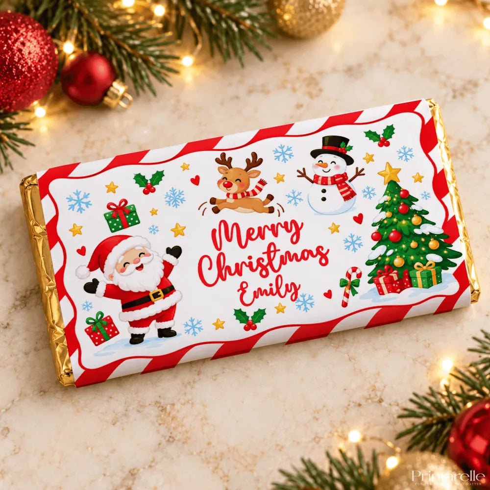 A festive personalised christmas chocolate bar wrapped in red and white candy cane foil with santa and holiday characters
