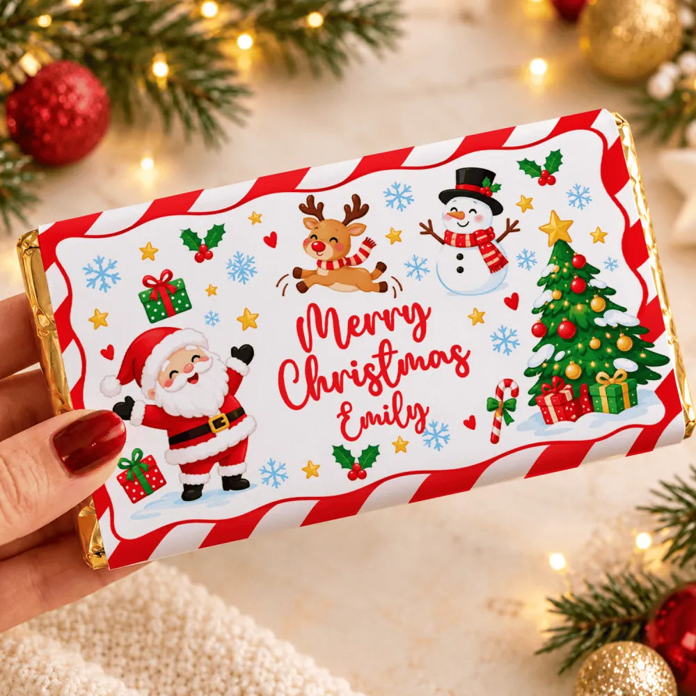 A festive candy cane border christmas chocolate bar wrapped in red and white with merry christmas emily message