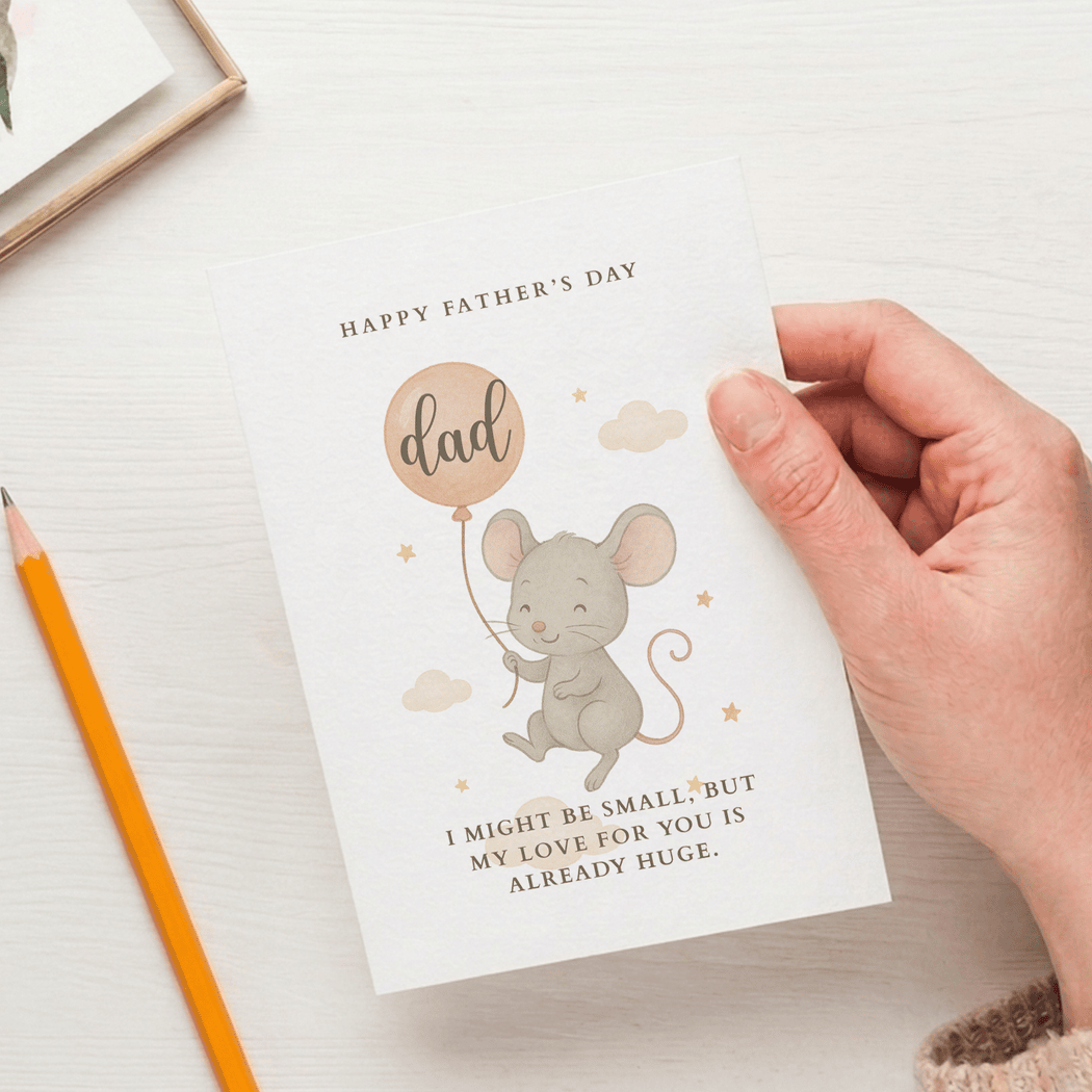 Hand holding a Father's Day card with a mouse illustration and text.