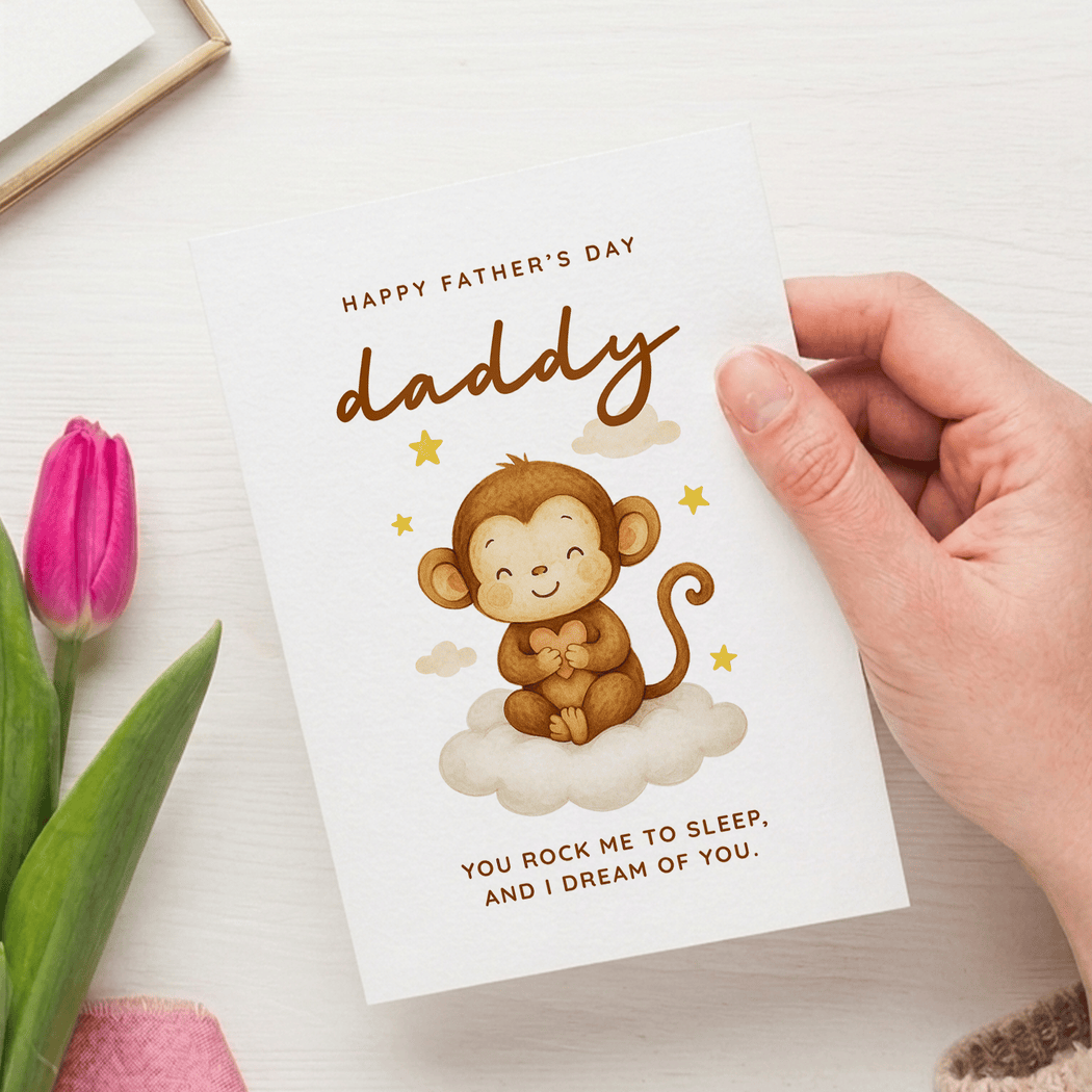Hand holding a Father's Day card with a monkey illustration and text, next to a pink tulip.