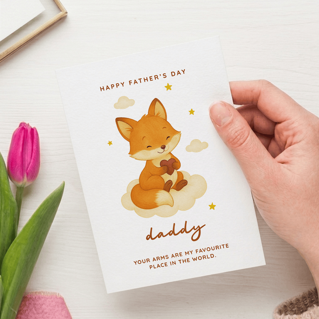 Hand holding a Father's Day card with a fox illustration and pink tulip on a white surface.