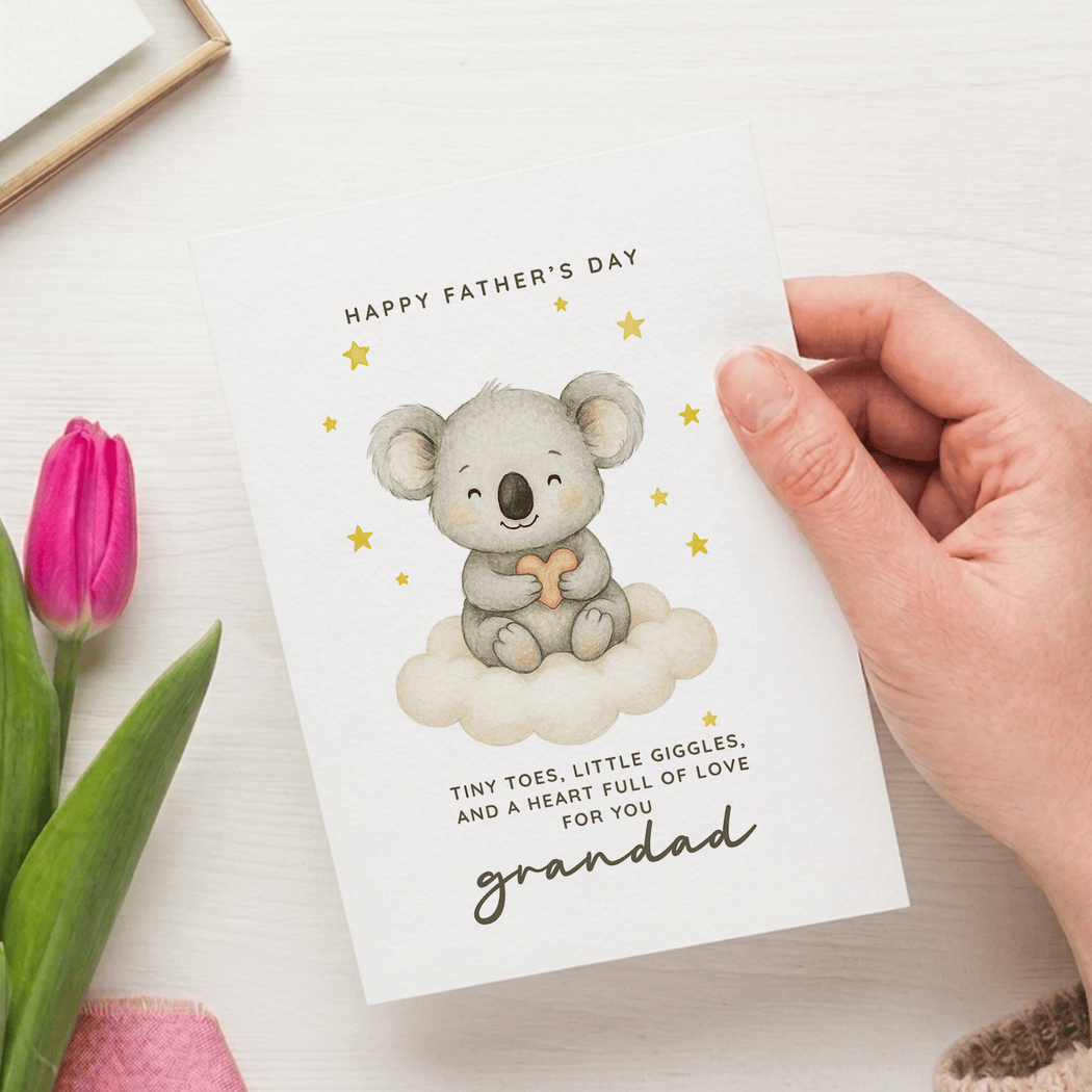 Hand holding a Father's Day card with a koala illustration and text, next to a pink tulip.