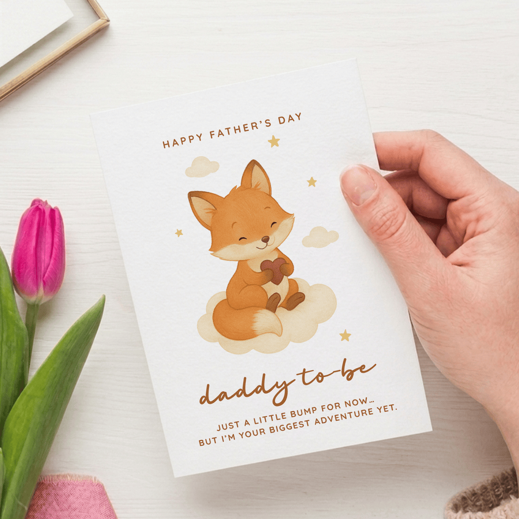 Hand holding a Father's Day card with a fox illustration and pink tulip on a white surface.