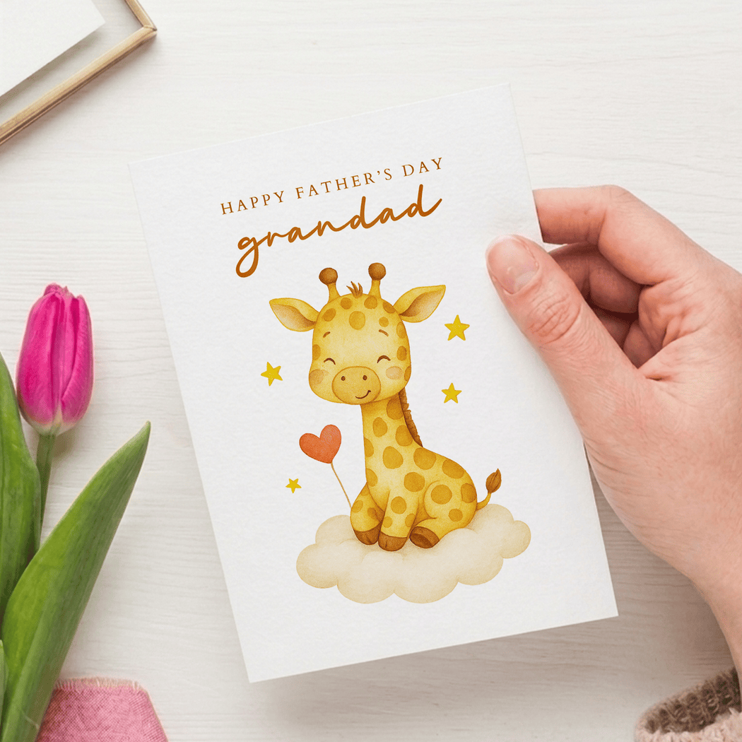 Hand holding a Father's Day card with a giraffe illustration and pink tulips on a white surface.