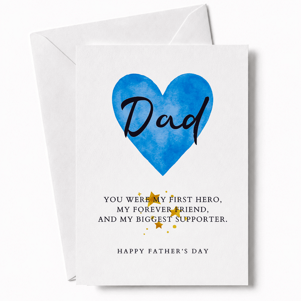 Father's Day card with blue heart and text on a white background