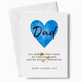 Father's Day card with blue heart and text on a white background