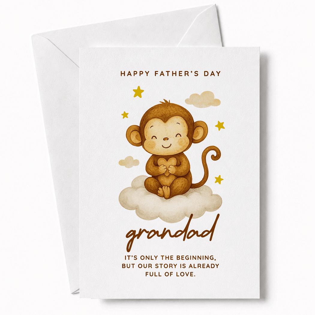 Father's Day card with a monkey illustration on a cloud, featuring text.