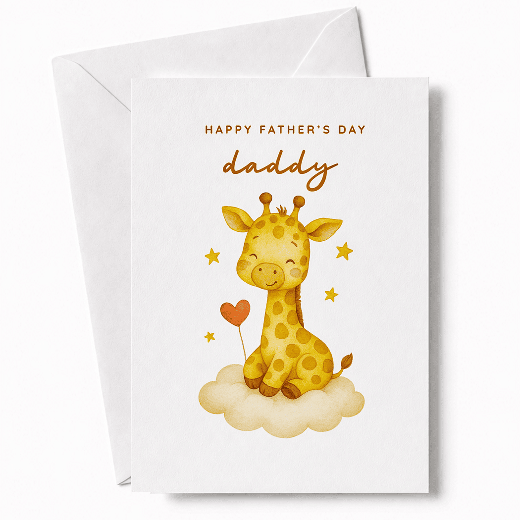 Father's Day card with a giraffe illustration and 'Happy Father's Day, daddy' text on a white background.