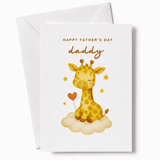Father's Day card with a giraffe illustration and 'Happy Father's Day, daddy' text on a white background.
