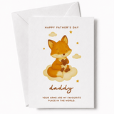 Father's Day card with a fox illustration and text on a white background
