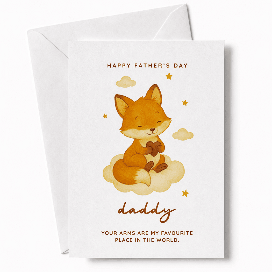 Father's Day card with a fox illustration and text on a white background