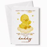 Father's Day card with a yellow duckling on a cloud and text.