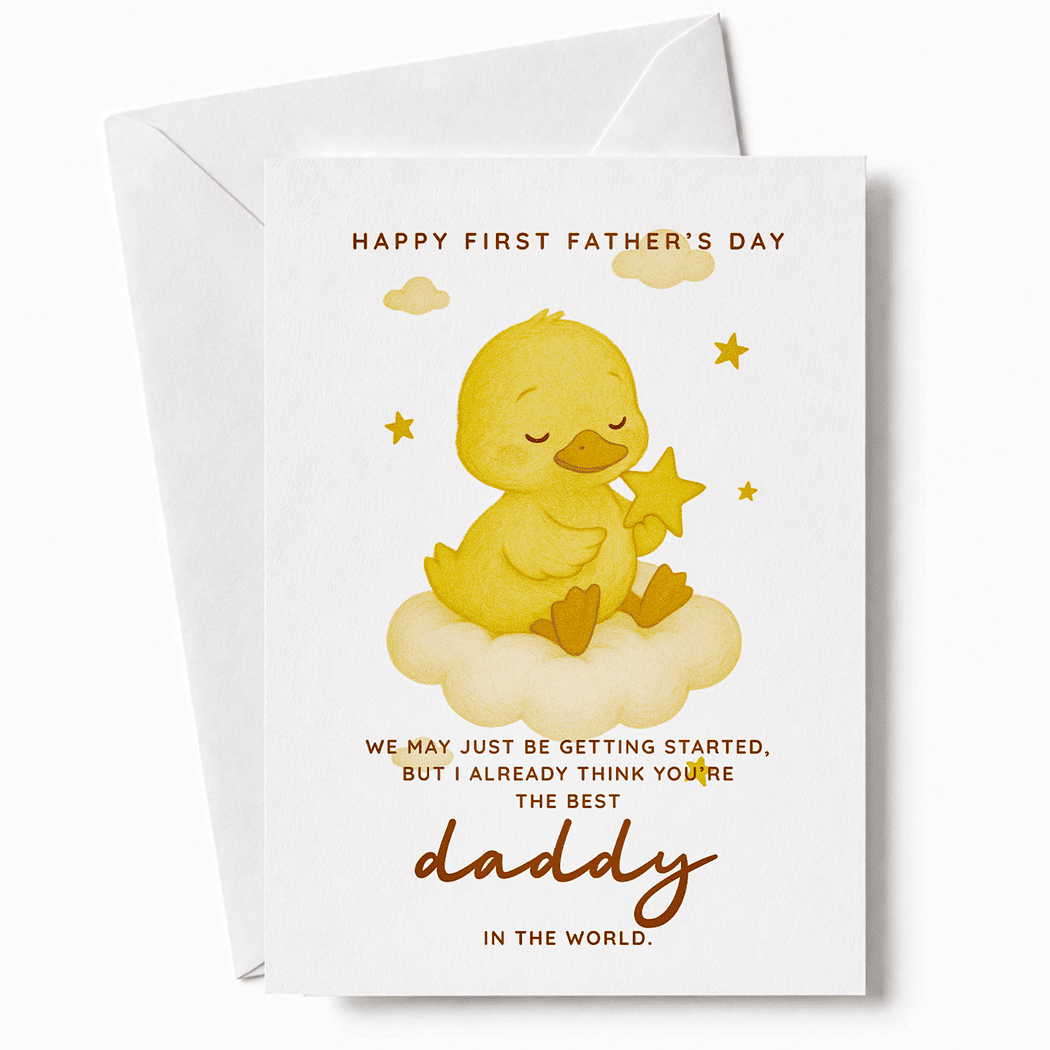 Father's Day card with a yellow duckling on a cloud and text.