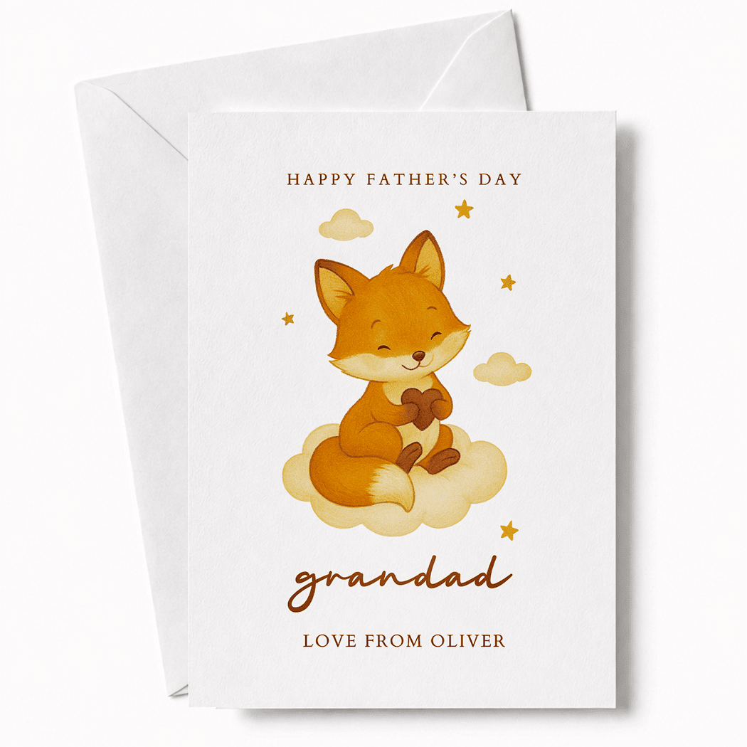 Father's Day card with a fox illustration and 'Happy Father's Day grandad' text on a white background.