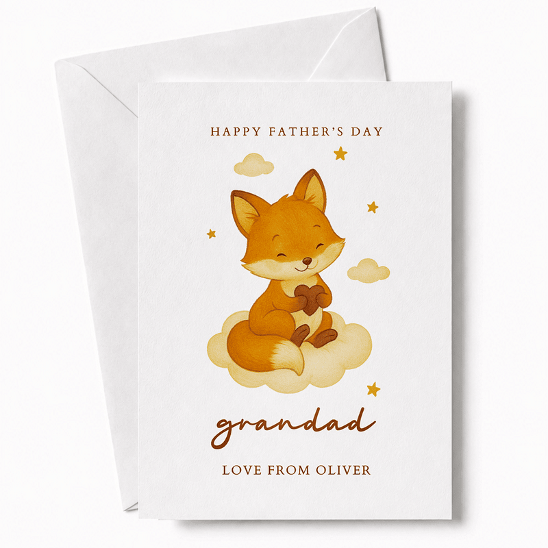 A charming white fathers day card with a cute orange fox holding a heart and gold stars, includes kraft envelope printarelle card