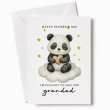 Father's Day card with a panda holding a heart on a cloud, surrounded by stars.