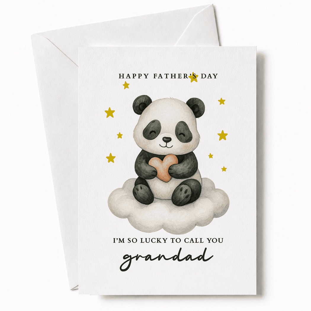 Father's Day card with a panda holding a heart on a cloud, surrounded by stars.