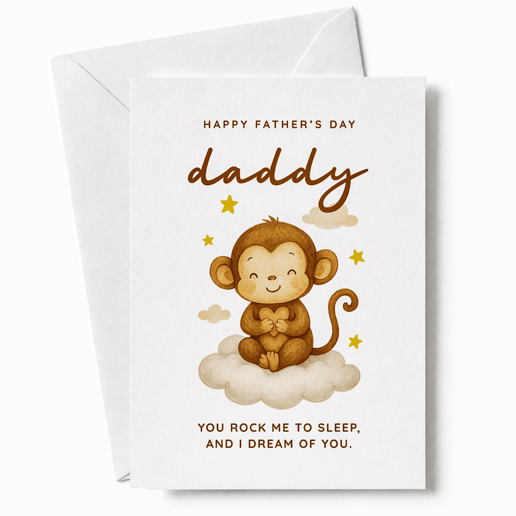 Father's Day card with a monkey illustration and text on a white background