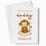 Father's Day card with a monkey illustration and text on a white background