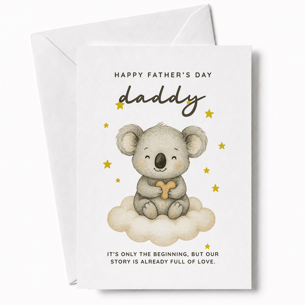 Father's Day card with a koala illustration and text on a white background