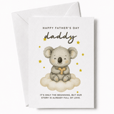 Father's Day card with a koala illustration and text on a white background