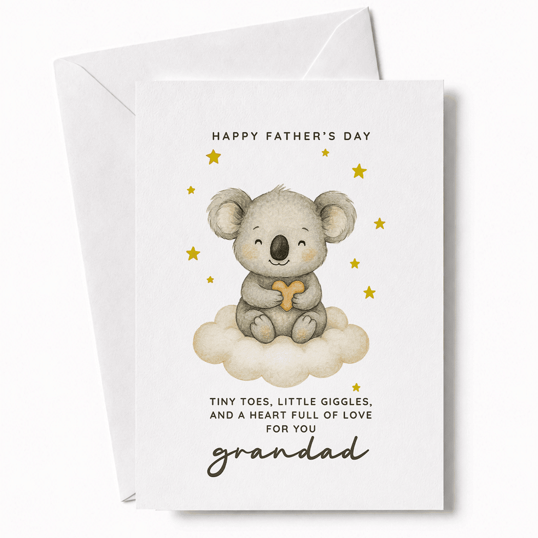 Father's Day card with a koala illustration and text on a white background