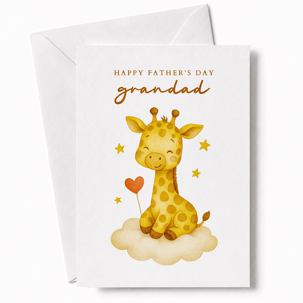 Father's Day card with a giraffe holding a heart and 'Happy Father's Day grandad' text on a white background.
