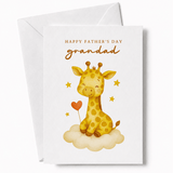 Father's Day card with a giraffe holding a heart and 'Happy Father's Day grandad' text on a white background.