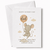 Father's Day card with a mouse holding a balloon and text on a white background